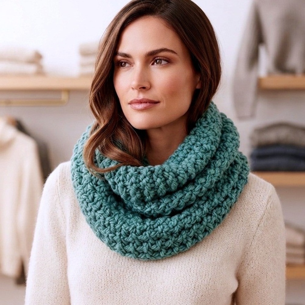 Hand Knit Large Weave Aqua Hand Crochet Neck Infinity Scarf Cowl Neck Warmer